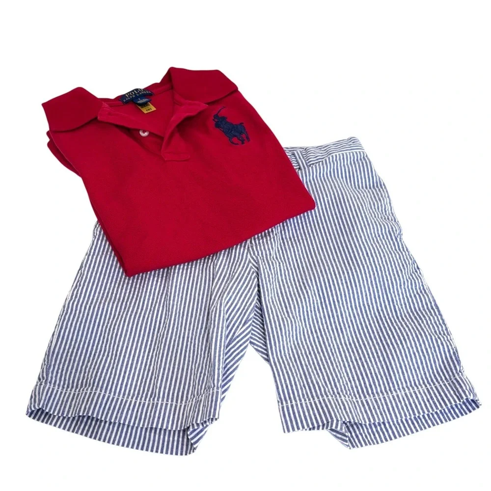 Polo Ralph Lauren Boys Preppy Polo Shirt & Shorts Set Size 7 Red Blue Seersucker